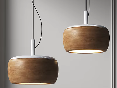 Two Modern Wooden Pendant Lights With White Top And Warm Illuminated Glow 3d model