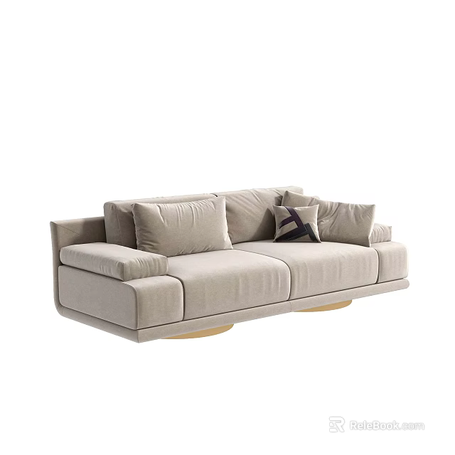 Modern Light Beige Two Seater Sofa With Plush Cushions And Golden Round Base 3d model