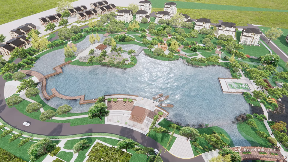 Scenic Waterfront Landscape With Lake Green Areas Walking Trails And Surrounding Buildings 3d model 