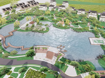 Scenic Waterfront Landscape With Lake Green Areas Walking Trails And Surrounding Buildings 3d model
