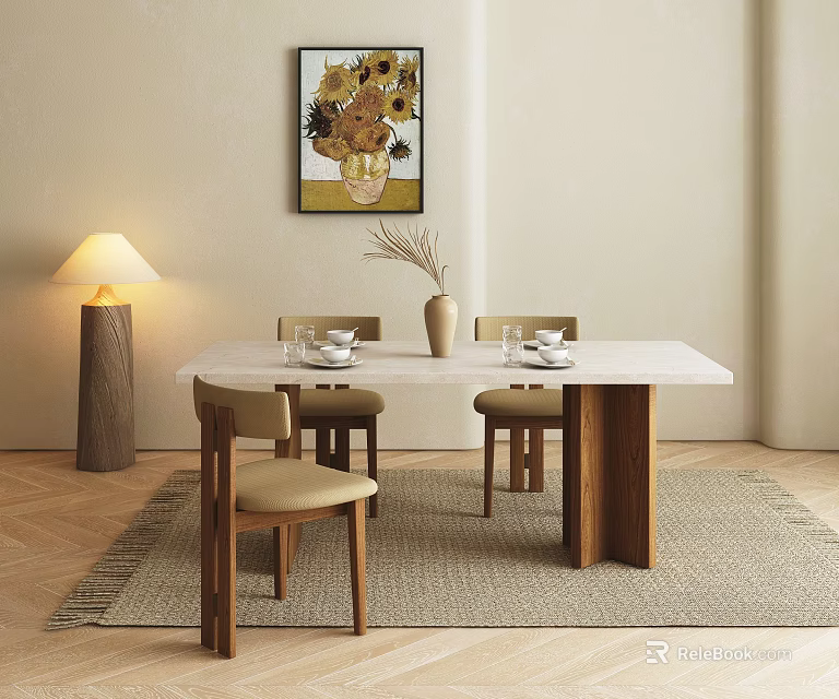 Stylish Dining Table Set With Wooden Table Beige Chairs Sunflower Painting Lamp Vase And Rug 3d model 