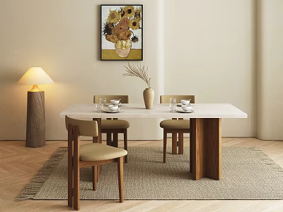 Stylish Dining Table Set With Wooden Table Beige Chairs Sunflower Painting Lamp Vase And Rug 3d model