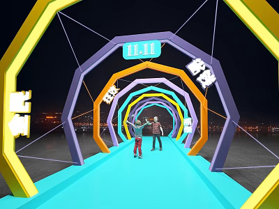 Colorful Hexagonal Arches Event Gateway Night Scene With Blue Floor People Walking City Lights Background 3d model