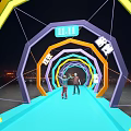 Colorful Hexagonal Arches Event Gateway Night Scene With Blue Floor People Walking City Lights Background