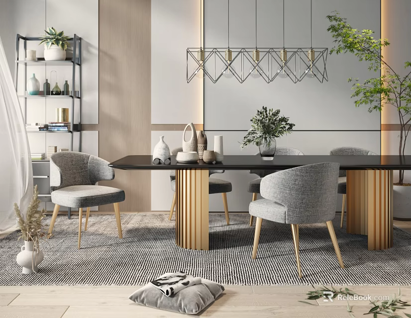 Modern Dining Table Set With Gray Chairs Golden Legs Mirror And Chandelier 3d model 
