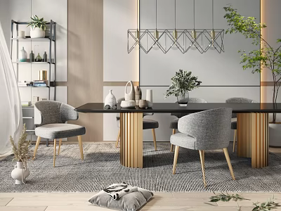 Modern Dining Table Set With Gray Chairs Golden Legs Mirror And Chandelier 3d model