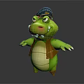Cute Cartoon Style Green Crocodile Game And Movie Character With Blue Hat Brown Vest