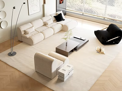 Modern Beige Sofa and Coffee Table Set With Light Rug Floor Lamp and Black Accent Chair 3d model