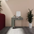 Modern Green Dressing Table With Gold Frame Mirror And Cosmetics Near Potted Plant