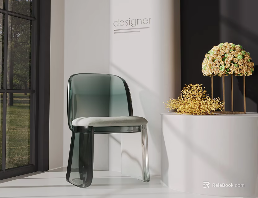 Transparent Acrylic Leisure Chair With Yellow Flowers In White Pot By Window 3d model 