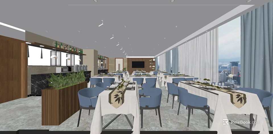 Modern Restaurant Interior With Blue Chairs White Tablecloths And Large Windows 3d model