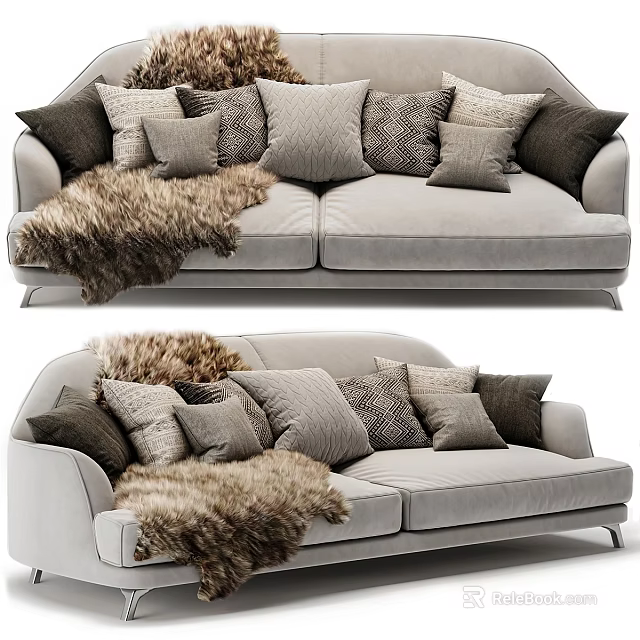 Cozy Gray Sofa Set With Mixed Brown Pillows And Furry Throw Blanket 3d model 