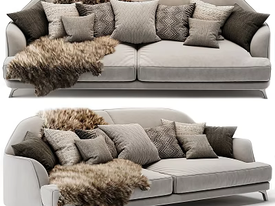 Cozy Gray Sofa Set With Mixed Brown Pillows And Furry Throw Blanket 3d model