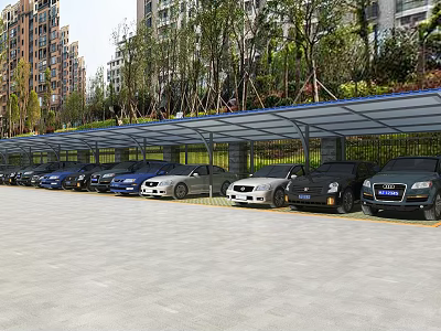 Covered Parking Lot With Parked Cars Near Residential Area And Greenery Shelter 3d model