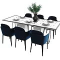 Rectangular Dining Table Set with Six Navy Blue Chairs Tableware and Vase with Green Plant 3d model