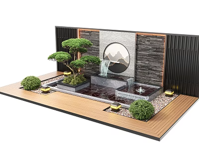 Chinese Style Scenic Wall Design With Water Feature Pine Trees Round Mirror And Wooden Platform 3d model