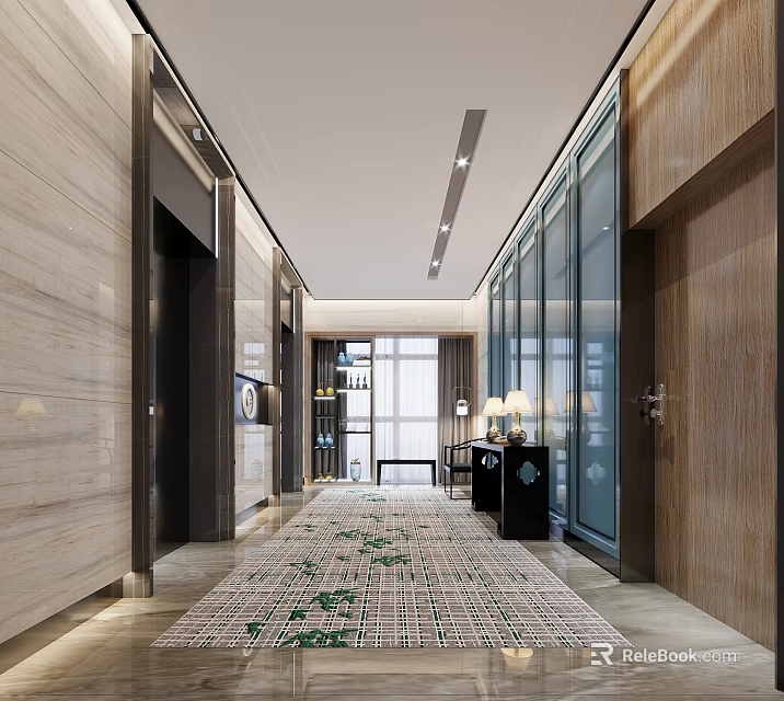 Modern Elevator Hallway Interior With Patterned Tile Floor And Glass Doors 3d model