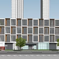 Modern Building Exterior Design With Wood Glass Facade Large Windows Pedestrians And Tree On Street