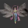 Fantasy Game Movie Character with Large Feather Wings Yellow Top White Outfit and Pink Accents