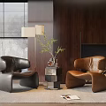 Brown Leather Accent Chairs With Side Table Green Plant Floor Lamp And Wooden Wall Setting