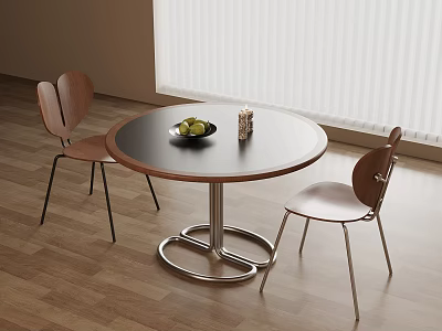 Modern Round Meeting Table and Chairs with Dark Wooden Top Metal Base and Fruit Plate 3d model