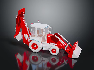Red And White Toy Excavator Model With Front Loader Cab And Wheels 3d model