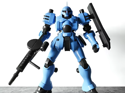 Detailed Blue Robot Model Plastic Figure Standing With Gun And Shield 3d model