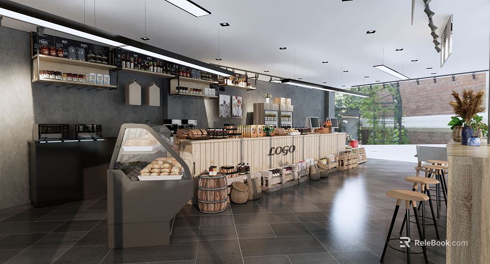 Dessert Shop Interior With Glass Display Case Assorted Desserts Wooden Counter And Warm Lighting 3d model 