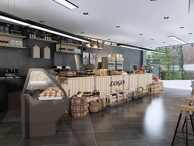 Dessert Shop Interior With Glass Display Case Assorted Desserts Wooden Counter And Warm Lighting 3d model