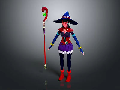 Witch Character In Purple Dress With Red Hat And Magic Staff 3d model