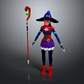 Witch Character In Purple Dress With Red Hat And Magic Staff