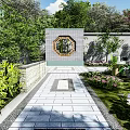 Traditional Chinese Courtyard Garden With Greenery Lawn Stone Path And Pavilion Flowers Rockery