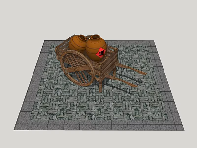 Rural Landscape With Wooden Cart And Clay Jars On Patterned Stone Floor 3d model