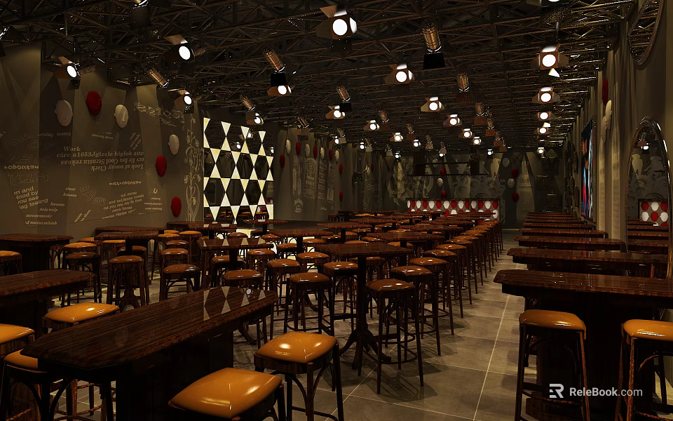 Stylish Bar Interior Design With Long Wooden Tables Leather Stools And Ceiling Lights 3d model 