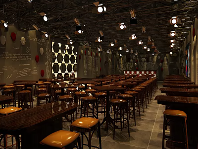 Stylish Bar Interior Design With Long Wooden Tables Leather Stools And Ceiling Lights 3d model