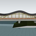 Wavy Roof Wooden Bridge Over Water Featuring Green Grass Piers Under Blue Sky