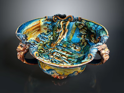 Ornate Sculptural Carving Bowl With Colorful Glaze Intricate Relief Designs And Dragon Handles 3d model