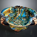 Ornate Sculptural Carving Bowl With Colorful Glaze Intricate Relief Designs And Dragon Handles