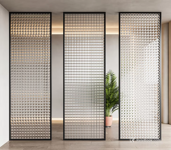 Modern Interior Room Divider with Perforated Design and Green Plant Decoration 3d model 