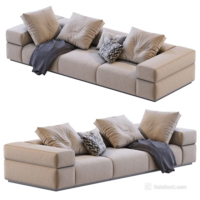 Beige Sectional Sofa with Multiple Soft Pillows Patterned Cushion and Gray Throw Blanket 3d model