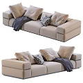 Beige Sectional Sofa with Multiple Soft Pillows Patterned Cushion and Gray Throw Blanket 3d model