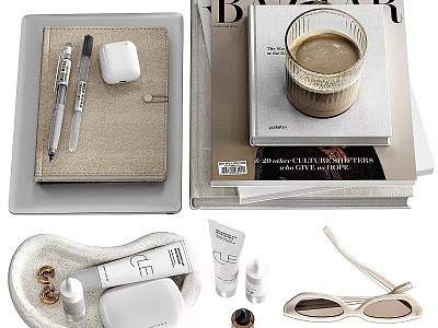 Stylish Decorative Ornament Set With Notebook Pen AirPods Case Books Coffee Cup Skincare Bottles Sunglasses 3d model