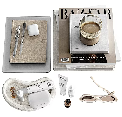 Stylish Decorative Ornament Set With Notebook Pen AirPods Case Books Coffee Cup Skincare Bottles Sunglasses 3d model
