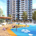 Modern Residential Landscape With Colorful Paved Areas Lush Green Lawns And Recreational Spaces