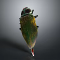 Green And Yellow Metallic Beetle With Textured Exoskeleton On Gray Background
