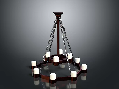 Wooden Chandelier With Candle Shaped Lights And Chain Suspension Design 3d model
