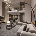 Modern Duplex Living Room Design With High Ceiling Pendant Lights Sofa And Stone Feature Wall