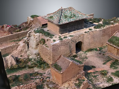 Ancient Architecture Model Featuring Traditional Green Glazed Tile Roof And Brick Stone Surrounding Walls 3d model