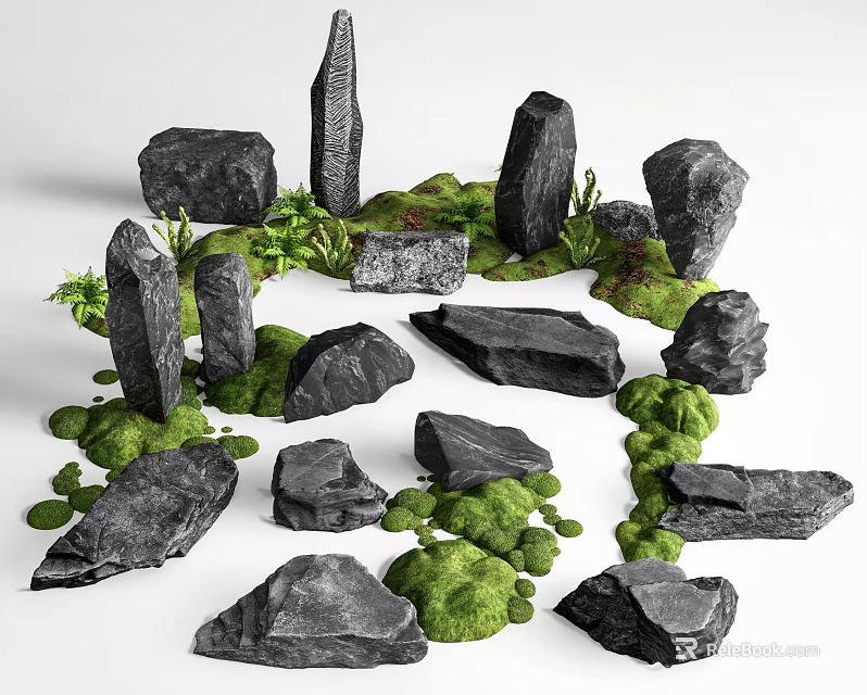 Natural Stone And Wood Decorative Elements For Outdoor Garden Landscape Design 3d model 