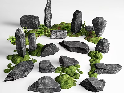 Natural Stone And Wood Decorative Elements For Outdoor Garden Landscape Design 3d model